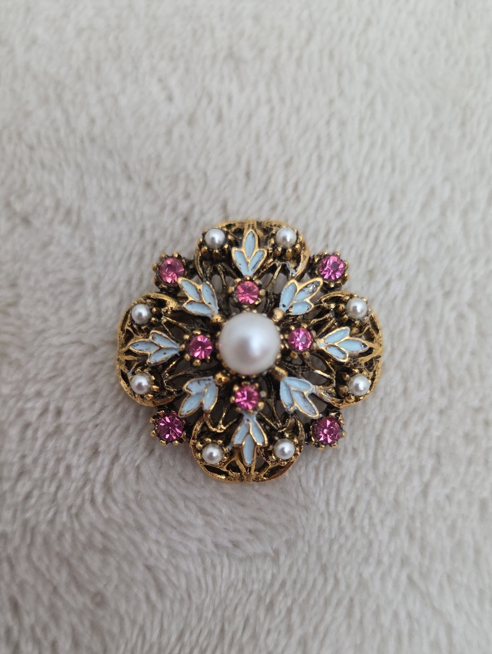 Vintage Signed Coro Floral Brooch Pink Rhinestone Faux Pearl Enamel Pin